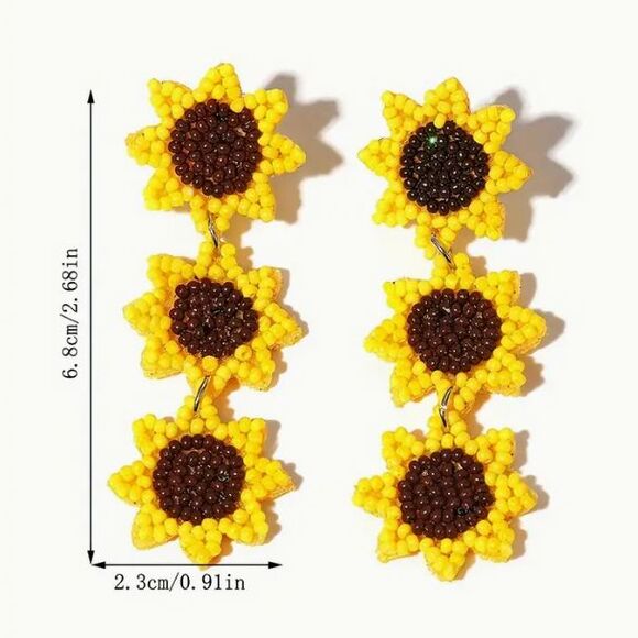 3 Three Yellow Seed Beaded Sunflower Dangle 3.1" L Earrings FREE SHIP - 2 Items - Picture 2 of 5